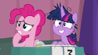 Pinkie and Twi watch Sunburst and Cranky leave S9E16
