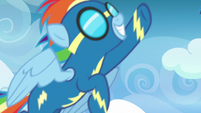 Rainbow Dash flying past the screen S7E7