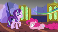 Rainbow Dash zooms out of the castle S6E21