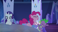 Spike Changeling knocks into Pinkie Pie's throne S6E25