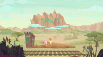 AJ and Fluttershy walk to the Peaks of Peril S8E23