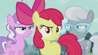 Apple Bloom in front of Diamond Tiara and Silver Spoon S5E18