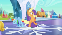 Rainbow Dash flies in behind Applejack S3E2