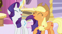 Rarity and Applejack laughing together S7E9