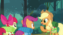 Applejack telling Scootaloo that Dash is already at their camp site.