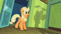 Applejack looking at Apple Bloom spinning plates S2E6