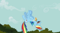 Applejack riding Rainbow Dash S1E09