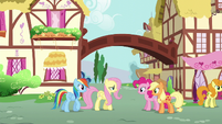 Fluttershy and Rainbow greet Pinkie and Applejack S6E11