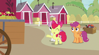 Apple Bloom waving goodbye to Big McIntosh S7E8