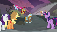 Pinkie Pie excitedly tackles Rainbow Dash S7E26