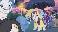 Rarity overjoyed at Fancy Pants's acceptance, while the dude with the top hat looks surprised.