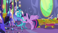 Twilight Sparkle hugging Princess Ember S7E15