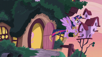 Twilight flies away from the cottage S5E3