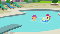 Apple Bloom and Scootaloo in Diamond Tiara's pool S4E15
