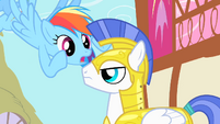 Rainbow Dash trying to get the guard's attention S1E22