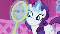 Rarity holding a mirror up to Pinkie Pie S8E18