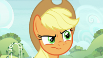 Applejack looks disapprovingly at Apple Bloom S8E12