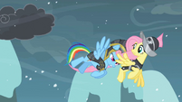 Rainbow Dash pushing Fluttershy S2E11