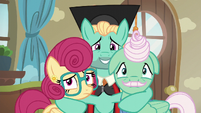 Zephyr, Mr. Shy, and Mrs. Shy look toward Fluttershy S6E11