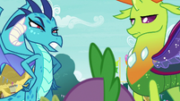 Ember and Thorax look disapprovingly at Spike S7E15