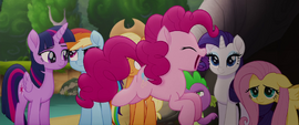 Pinkie Pie bouncing past her friends MLPTM