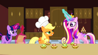 Princess Cadance and Applejack with apple fritters S2E26