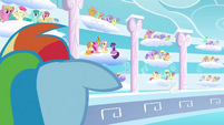 Rainbow Dash spots her friends. Also note Lyra Heartstrings near the upper right corner.