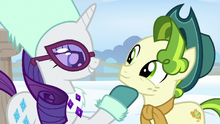 Rarity with hoof under Pistachio's chin MLPBGE