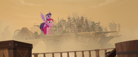 Twilight carries Pinkie Pie onto the airship MLPTM