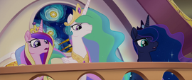 Celestia, Luna, and Cadance watch from the balcony MLPTM