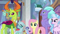 Fluttershy, changelings, and Hippogriffs listen to Twilight S8E1