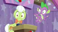Granny and Spike staring at Pinkie Pie S9E16
