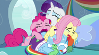 Rainbow, Fluttershy, Rarity, and Pinkie crying together S5E5