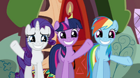 Rarity, Twilight, and Rainbow Dash waving goodbye S02E21