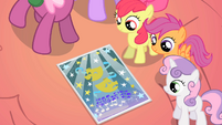 Cheerilee, standing beside Twilight as the CMC glance at the poster.