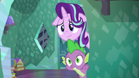 Starlight Glimmer and Spike looking at Sunburst S6E2