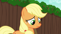 Applejack looking down at ruined cart S6E14