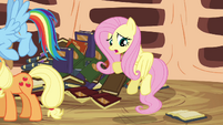 Fluttershy tries to talk, but nopony can hear her.