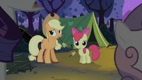 Apple Bloom and Applejack in front of their tent.