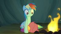 Scootaloo cowers in fear next to Rainbow Dash S7E16