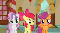 Sweetie Belle and Scootaloo standing up for Apple Bloom S1E12