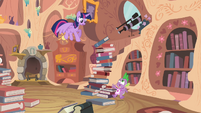 Tower of books about to fall onto Spike S4E03