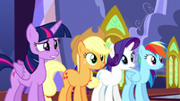 Twilight nervously bites her lip while others look at door S5E11