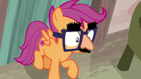 Disguised Scootaloo backs into the bakery door S7E8