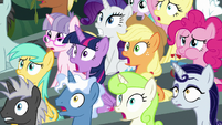 Main ponies and crowd worried about Scootaloo S8E20