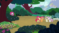 Rarity appears in the bushes near CMC and Zipporwhill S7E6