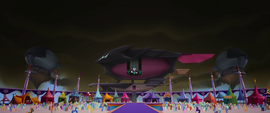 Tempest Shadow's skiff looming over Canterlot MLPTM