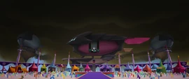 Tempest Shadow's skiff looming over Canterlot MLPTM