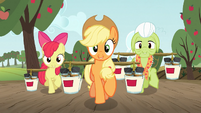 Applejack, Apple Bloom and Granny hauling paint S03E08