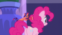 Devil Rarity grabs Pinkie's mane with her pitchfork S6E9